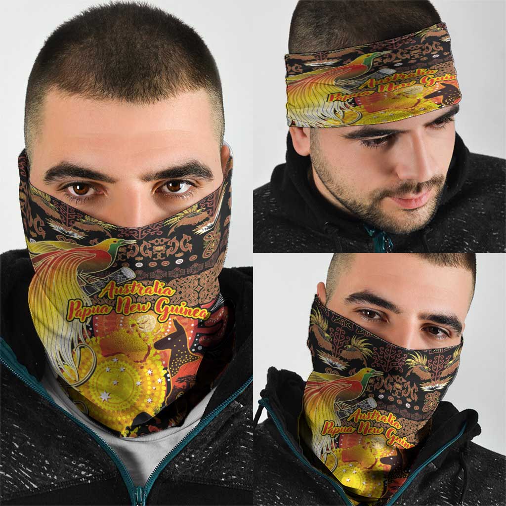Australia and Papua New Guinea Together Neck Gaiter Kangaroo Aboriginal Art and Bird-of-paradise Oro Tribal Motifs LT03 - Polynesian Pride