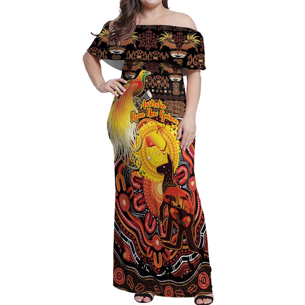 Personalized Australia and Papua New Guinea Together Off Shoulder Maxi Dress Kangaroo Aboriginal Art and Bird-of-paradise Oro Tribal Motifs - Polynesian Pride