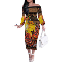 Personalized Australia and Papua New Guinea Together Off The Shoulder Long Sleeve Dress Kangaroo Aboriginal Art and Bird-of-paradise Oro Tribal Motifs LT03 Women Black - Polynesian Pride