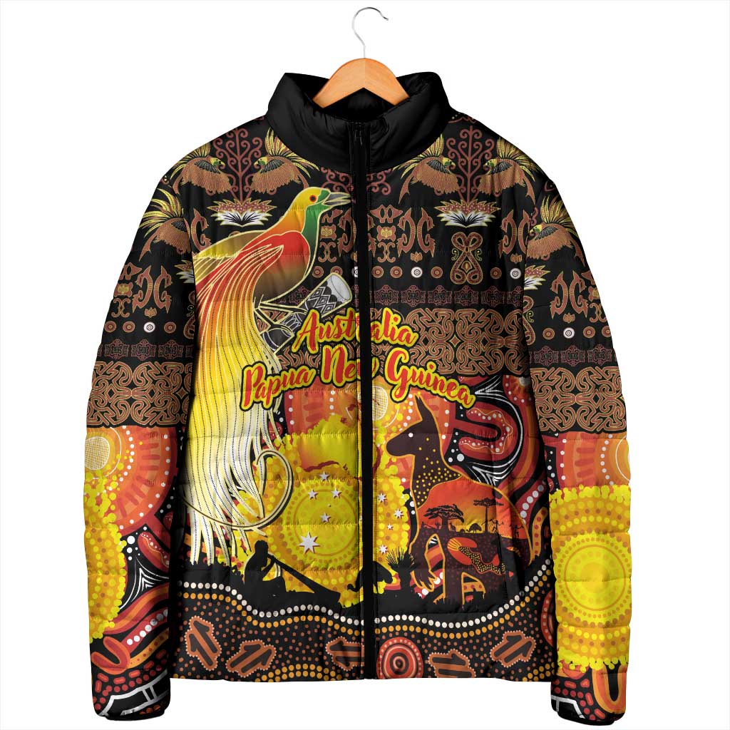 Personalized Australia and Papua New Guinea Together Padded Jacket Kangaroo Aboriginal Art and Bird-of-paradise Oro Tribal Motifs LT03 - Polynesian Pride