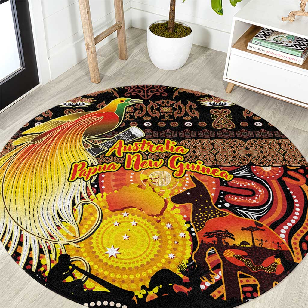 Australia and Papua New Guinea Together Round Carpet Kangaroo Aboriginal Art and Bird-of-paradise Oro Tribal Motifs - Polynesian Pride