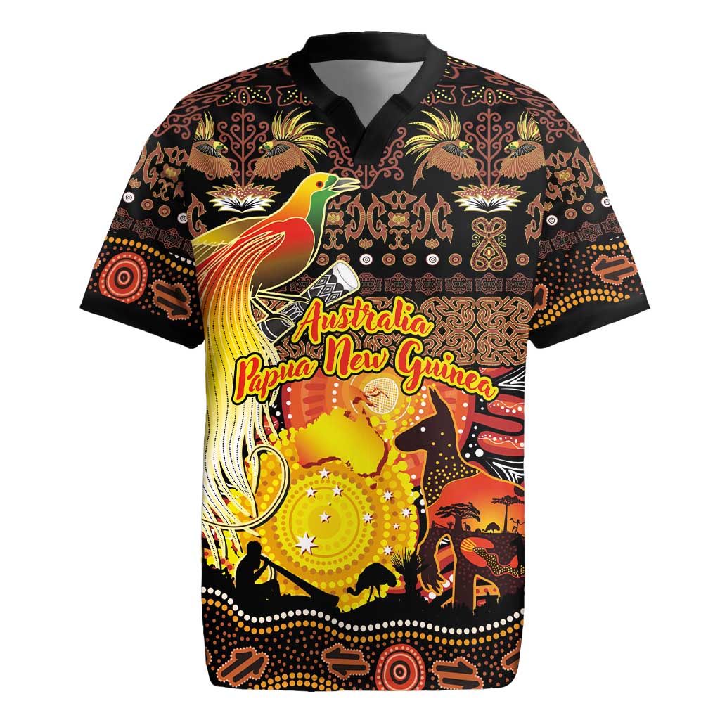 Personalized Australia and Papua New Guinea Together Rugby Jersey Kangaroo Aboriginal Art and Bird-of-paradise Oro Tribal Motifs - Polynesian Pride