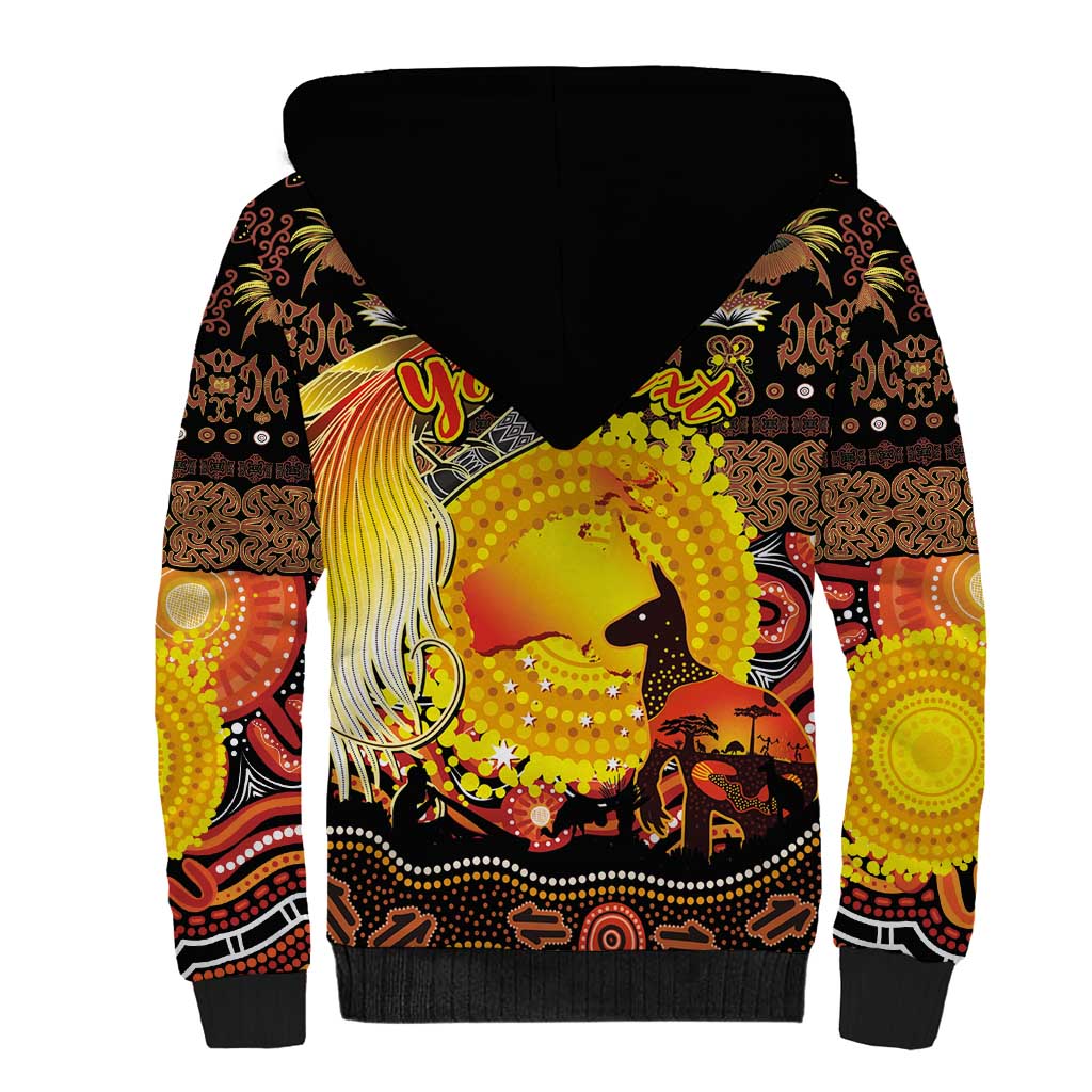 Personalized Australia and Papua New Guinea Together Sherpa Hoodie Kangaroo Aboriginal Art and Bird-of-paradise Oro Tribal Motifs - Polynesian Pride