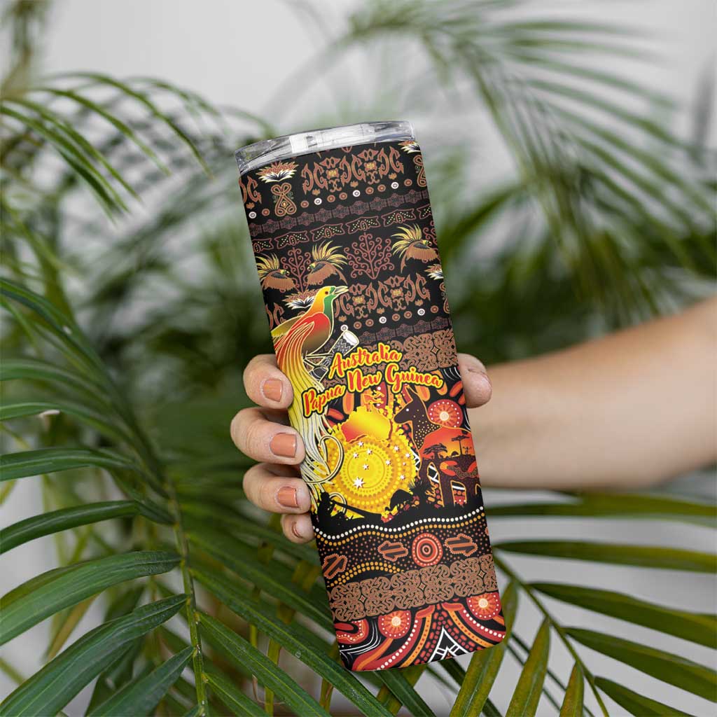 Personalized Australia and Papua New Guinea Together Skinny Tumbler Kangaroo Aboriginal Art and Bird-of-paradise Oro Tribal Motifs - Polynesian Pride