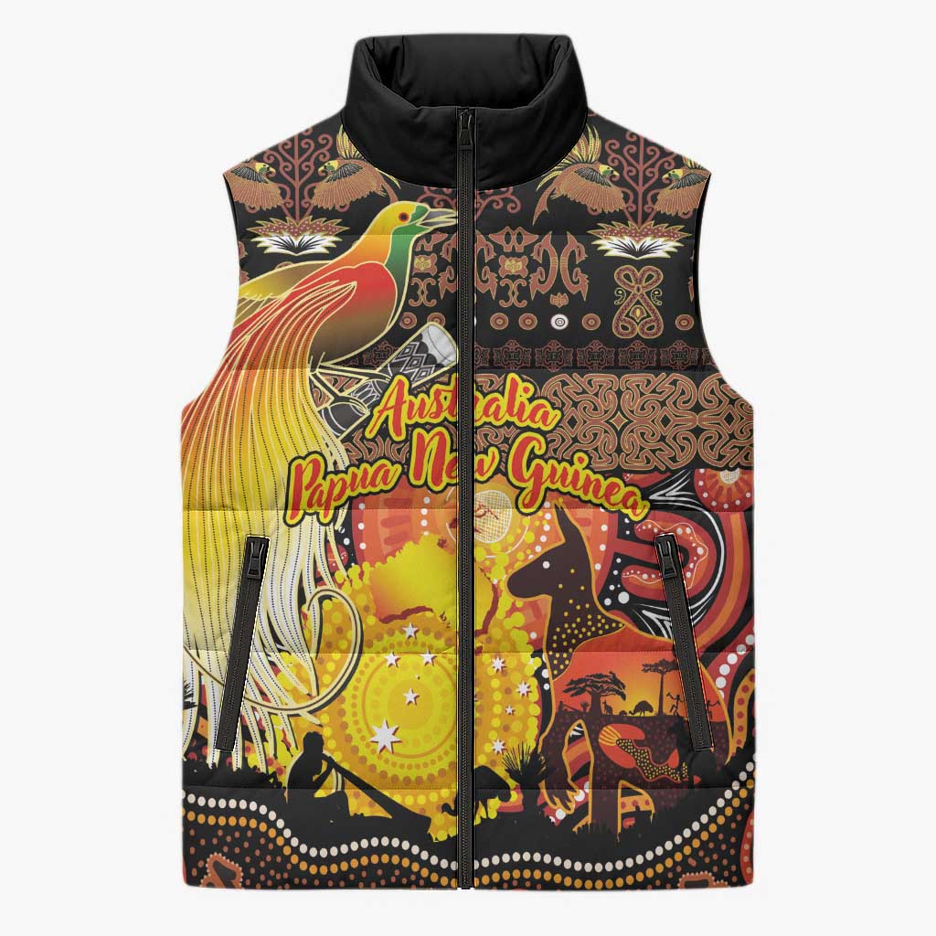 Personalized Australia and Papua New Guinea Together Sleeveless Puffer Jacket Kangaroo Aboriginal Art and Bird-of-paradise Oro Tribal Motifs - Polynesian Pride