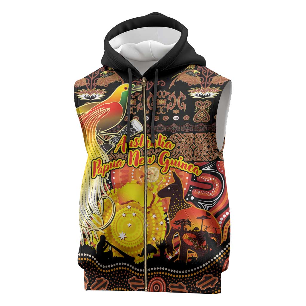 Personalized Australia and Papua New Guinea Together Sleeveless Zip Hoodie Kangaroo Aboriginal Art and Bird-of-paradise Oro Tribal Motifs - Polynesian Pride
