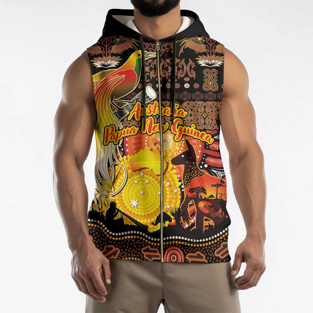 Personalized Australia and Papua New Guinea Together Sleeveless Zip Hoodie Kangaroo Aboriginal Art and Bird-of-paradise Oro Tribal Motifs - Polynesian Pride