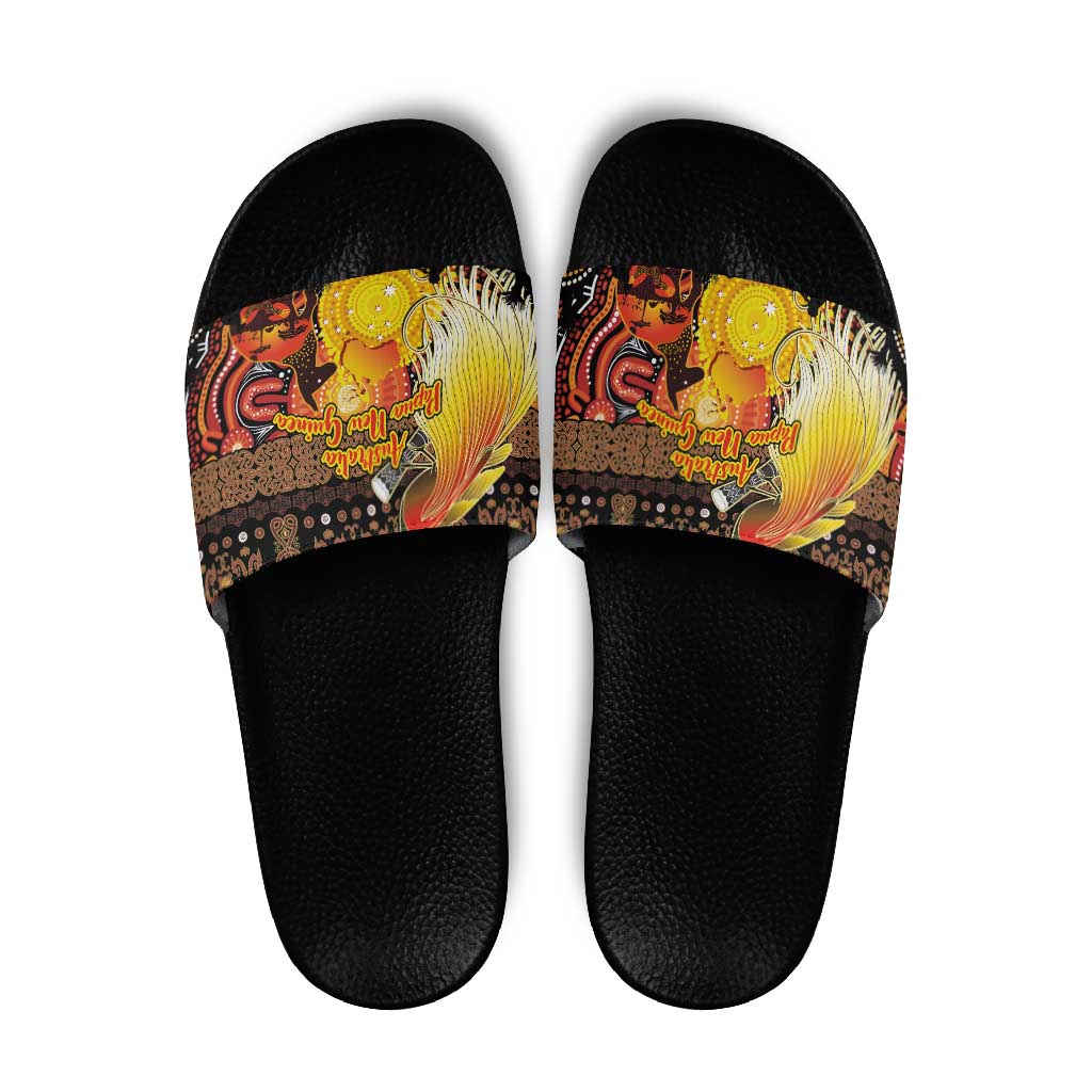 Australia and Papua New Guinea Together Slide Sandals Kangaroo Aboriginal Art and Bird-of-paradise Oro Tribal Motifs - Polynesian Pride