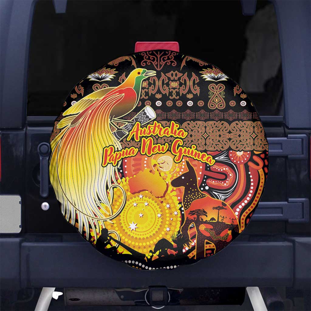 Australia and Papua New Guinea Together Spare Tire Cover Kangaroo Aboriginal Art and Bird-of-paradise Oro Tribal Motifs LT03 No hole Black - Polynesian Pride
