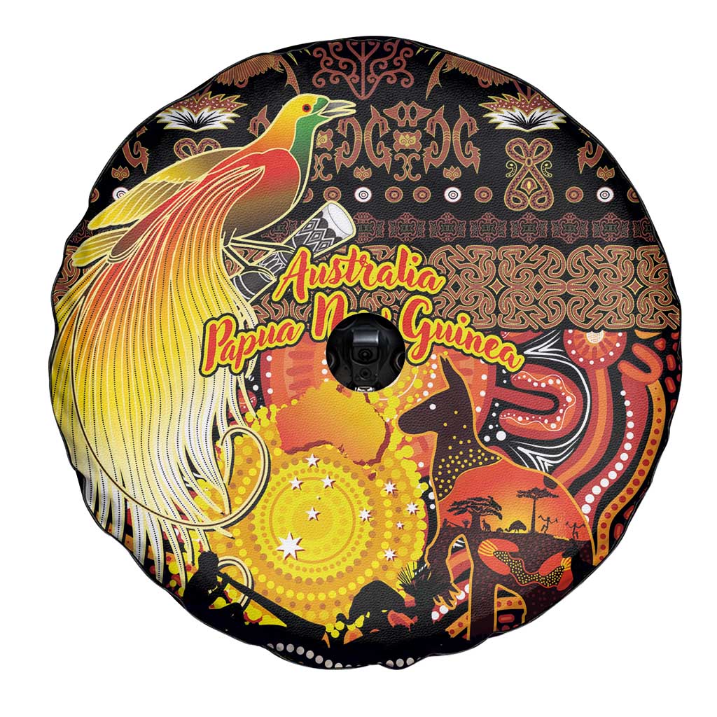 Australia and Papua New Guinea Together Spare Tire Cover Kangaroo Aboriginal Art and Bird-of-paradise Oro Tribal Motifs LT03 - Polynesian Pride