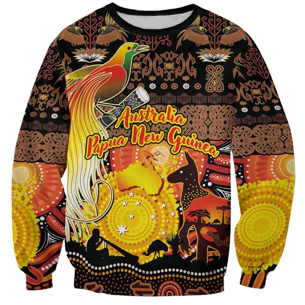 Personalized Australia and Papua New Guinea Together Sweatshirt Kangaroo Aboriginal Art and Bird-of-paradise Oro Tribal Motifs LT03 Unisex Black - Polynesian Pride