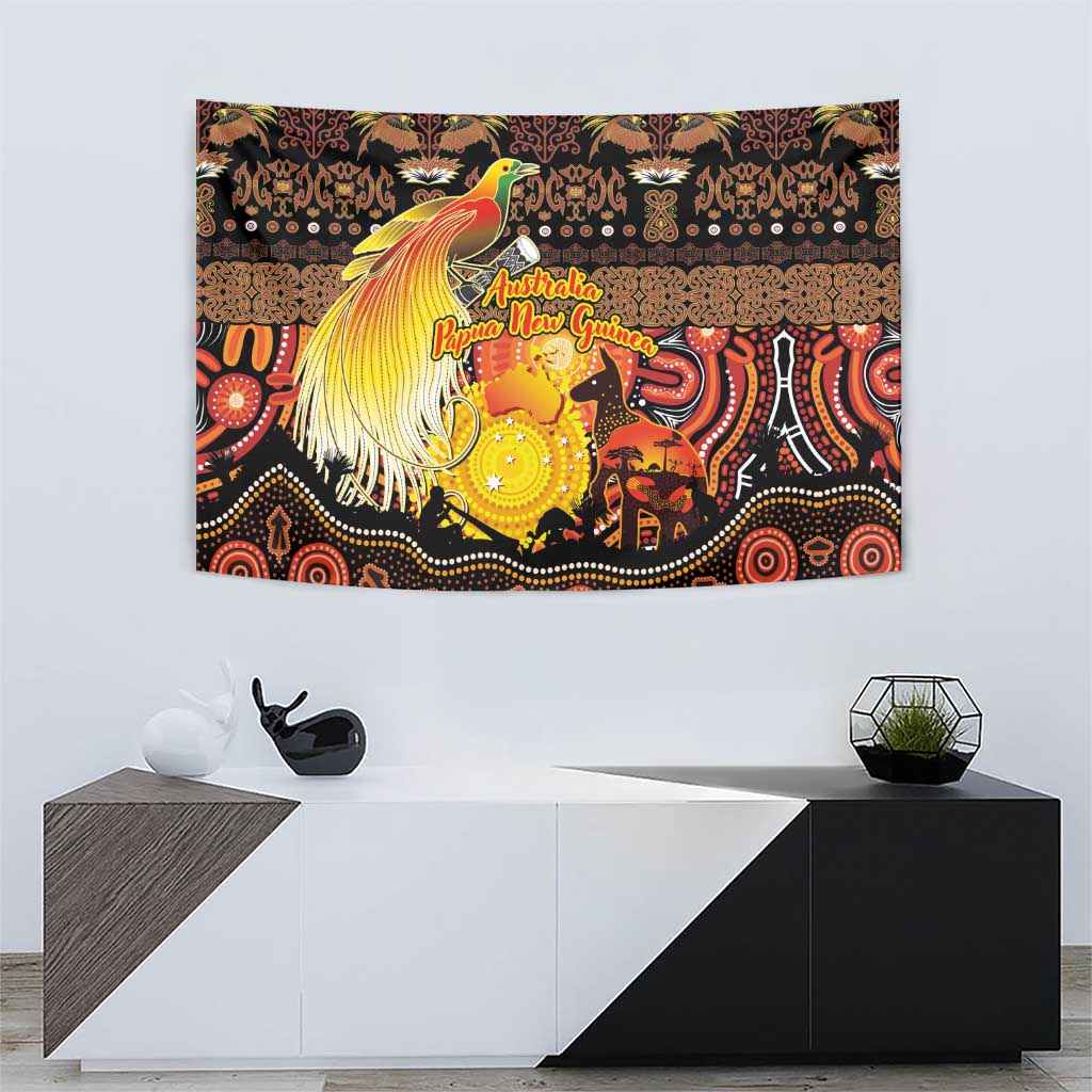 Australia and Papua New Guinea Together Tapestry Kangaroo Aboriginal Art and Bird-of-paradise Oro Tribal Motifs - Polynesian Pride