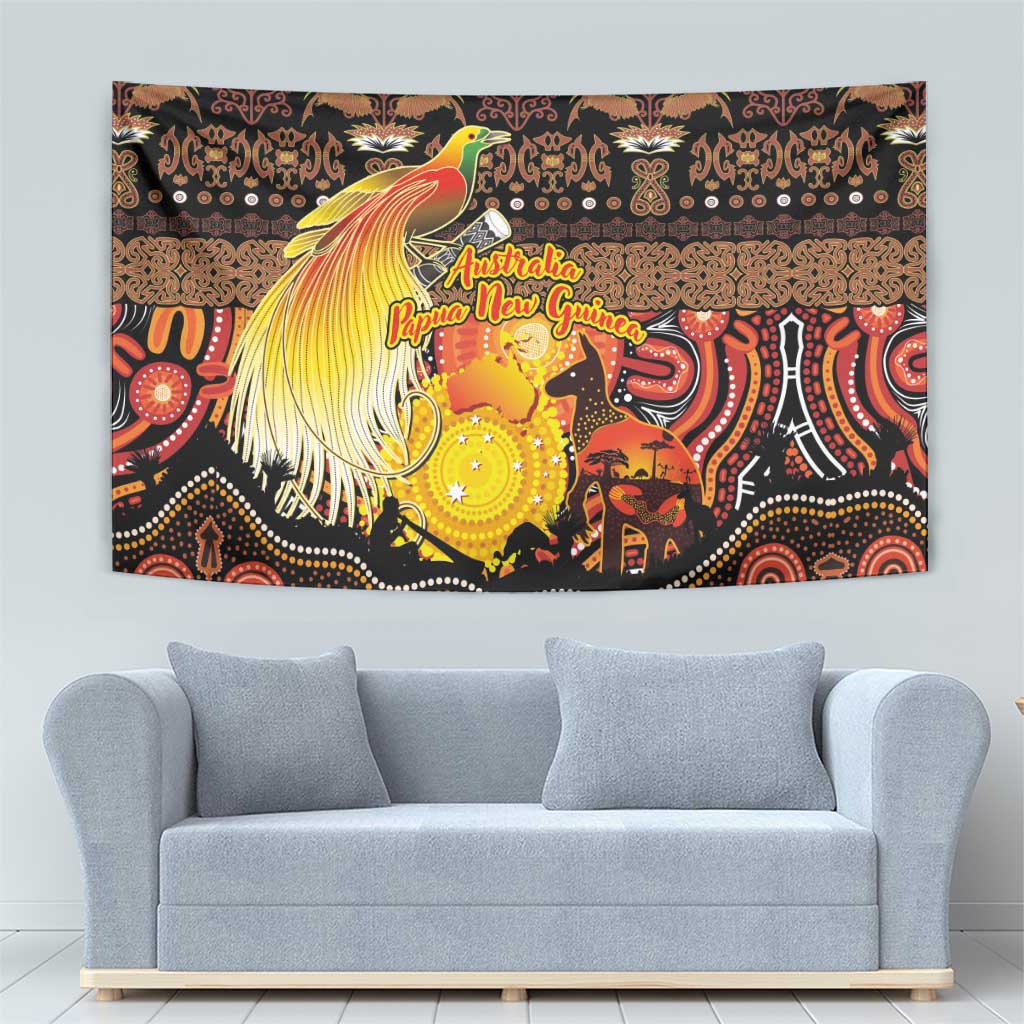 Australia and Papua New Guinea Together Tapestry Kangaroo Aboriginal Art and Bird-of-paradise Oro Tribal Motifs - Polynesian Pride