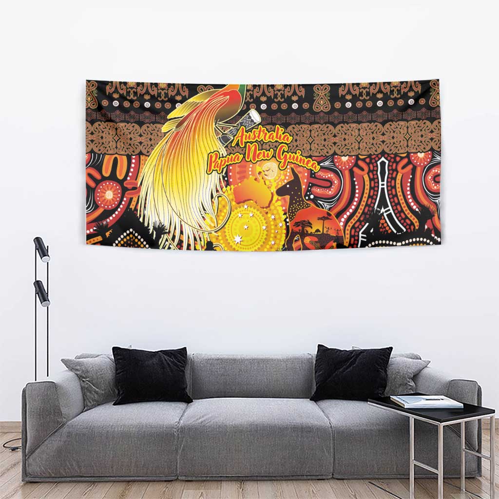 Australia and Papua New Guinea Together Tapestry Kangaroo Aboriginal Art and Bird-of-paradise Oro Tribal Motifs - Polynesian Pride