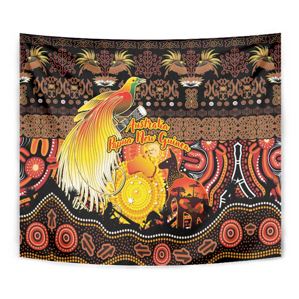 Australia and Papua New Guinea Together Tapestry Kangaroo Aboriginal Art and Bird-of-paradise Oro Tribal Motifs - Polynesian Pride