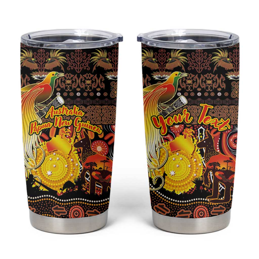 Personalized Australia and Papua New Guinea Together Tumbler Cup Kangaroo Aboriginal Art and Bird-of-paradise Oro Tribal Motifs - Polynesian Pride