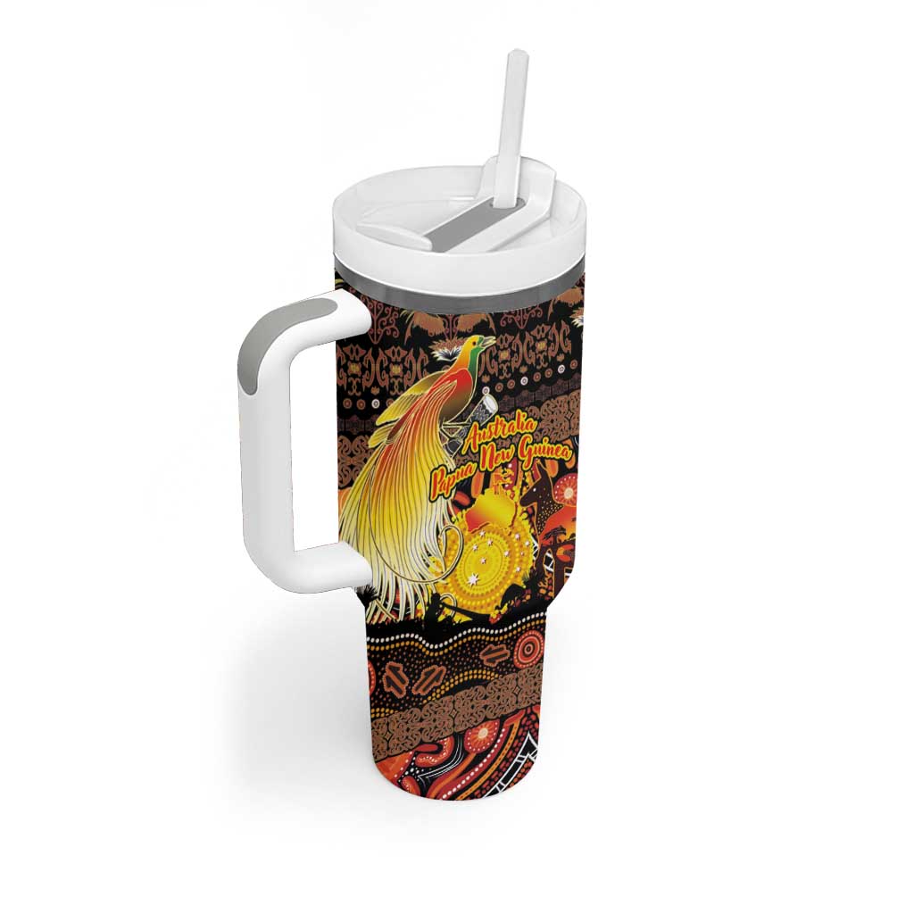 Personalized Australia and Papua New Guinea Together Tumbler With Handle Kangaroo Aboriginal Art and Bird-of-paradise Oro Tribal Motifs - Polynesian Pride