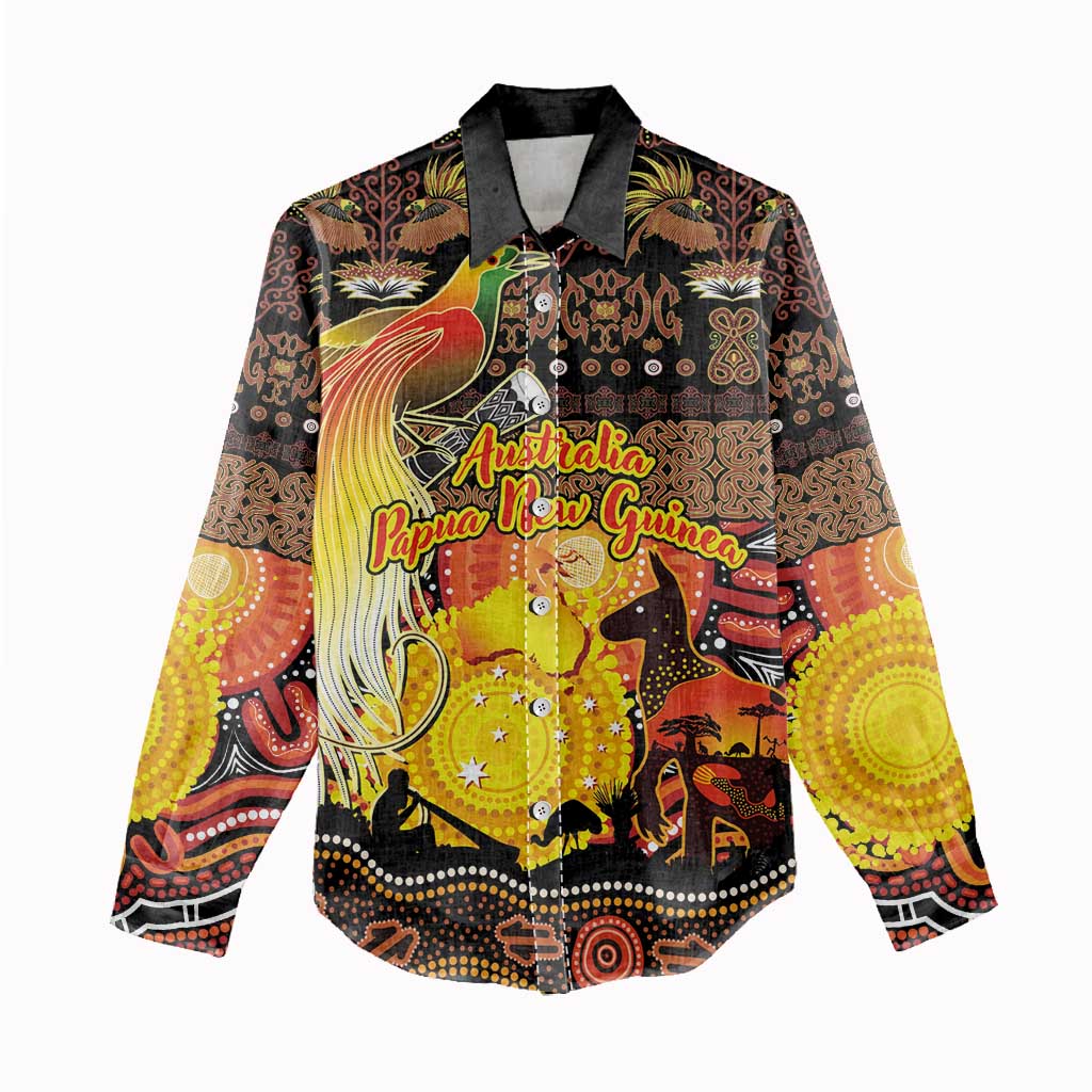 Personalized Australia and Papua New Guinea Together Women Casual Shirt Kangaroo Aboriginal Art and Bird-of-paradise Oro Tribal Motifs - Polynesian Pride