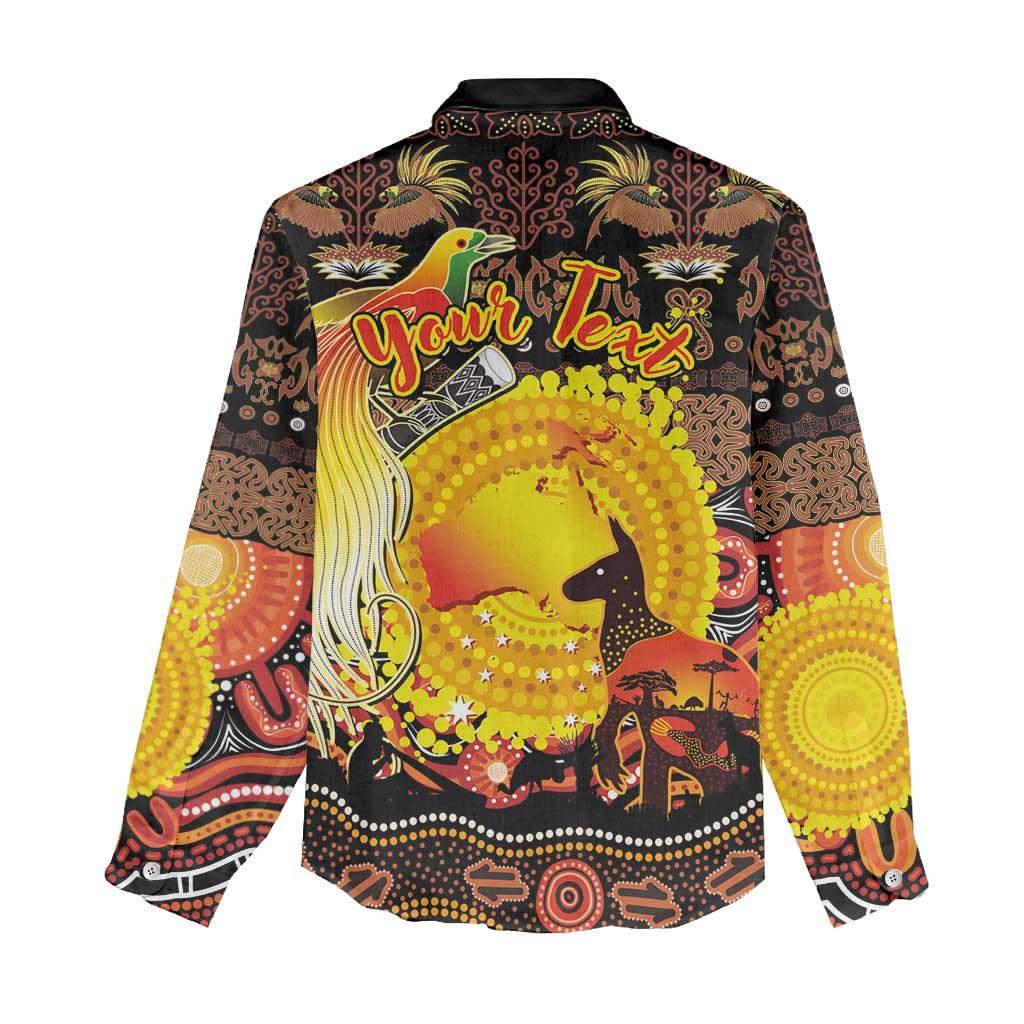 Personalized Australia and Papua New Guinea Together Women Casual Shirt Kangaroo Aboriginal Art and Bird-of-paradise Oro Tribal Motifs - Polynesian Pride