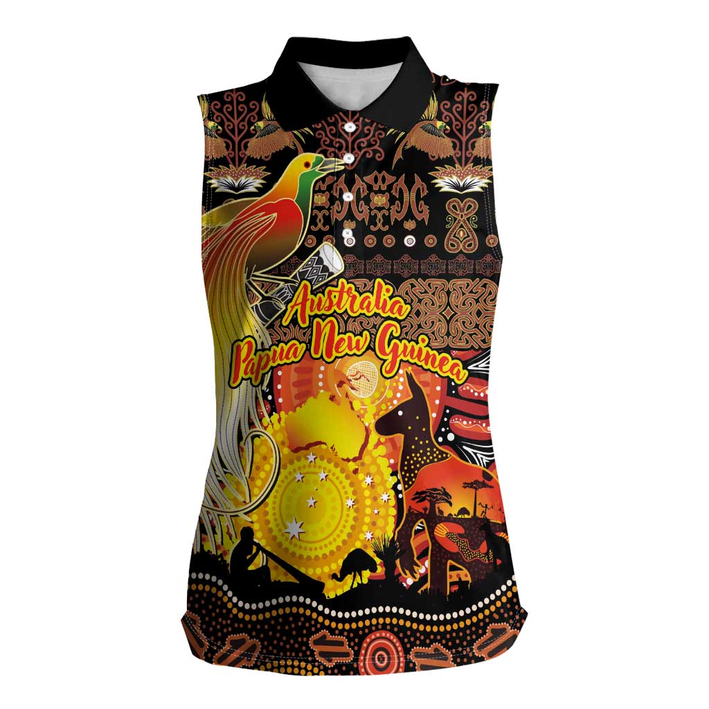 Personalized Australia and Papua New Guinea Together Women Sleeveless Polo Shirt Kangaroo Aboriginal Art and Bird-of-paradise Oro Tribal Motifs LT03 Female Black - Polynesian Pride