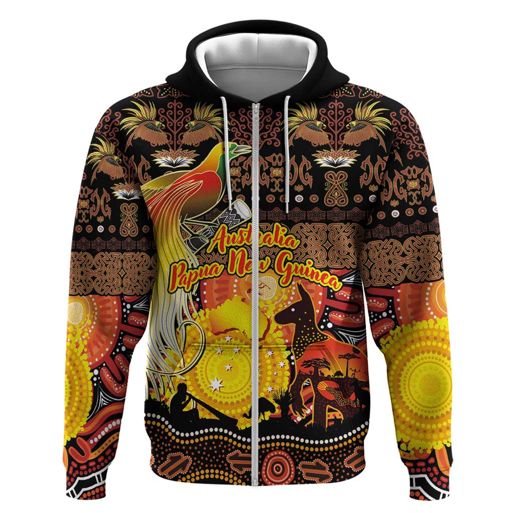 Personalized Australia and Papua New Guinea Together Zip Hoodie Kangaroo Aboriginal Art and Bird-of-paradise Oro Tribal Motifs - Polynesian Pride