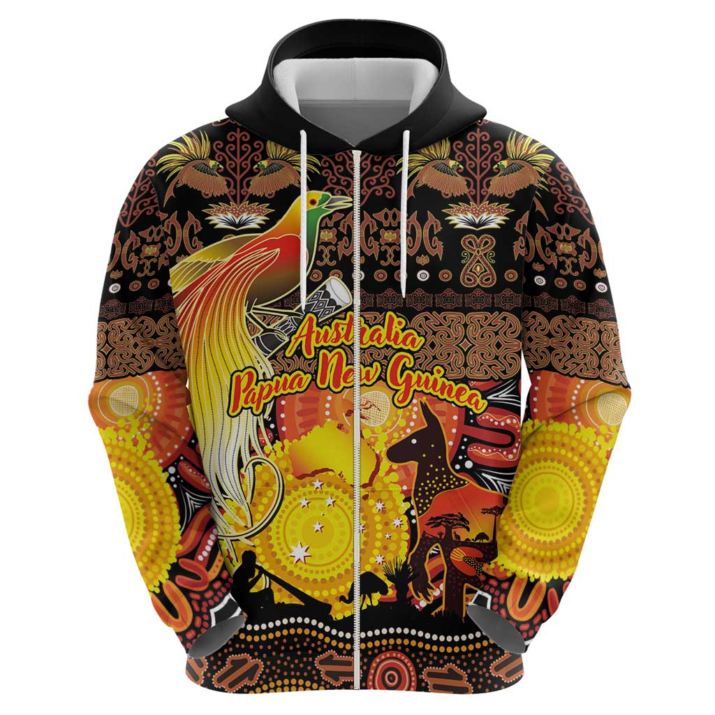 Personalized Australia and Papua New Guinea Together Zip Hoodie Kangaroo Aboriginal Art and Bird-of-paradise Oro Tribal Motifs - Polynesian Pride