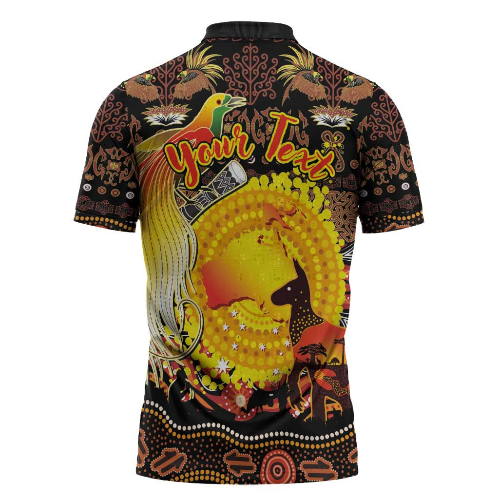 Personalized Australia and Papua New Guinea Together Zipper Polo Shirt Kangaroo Aboriginal Art and Bird-of-paradise Oro Tribal Motifs LT03 - Polynesian Pride