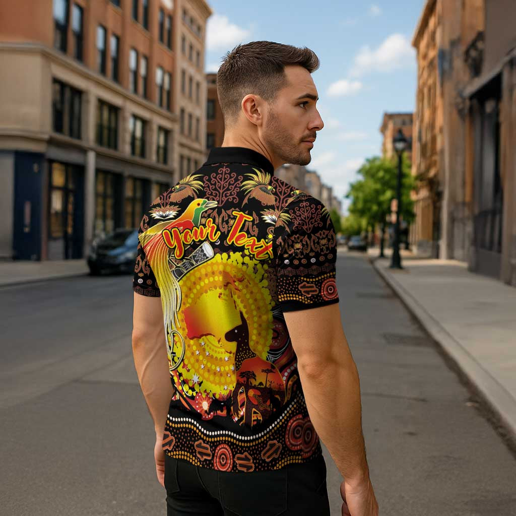 Personalized Australia and Papua New Guinea Together Zipper Polo Shirt Kangaroo Aboriginal Art and Bird-of-paradise Oro Tribal Motifs LT03 - Polynesian Pride