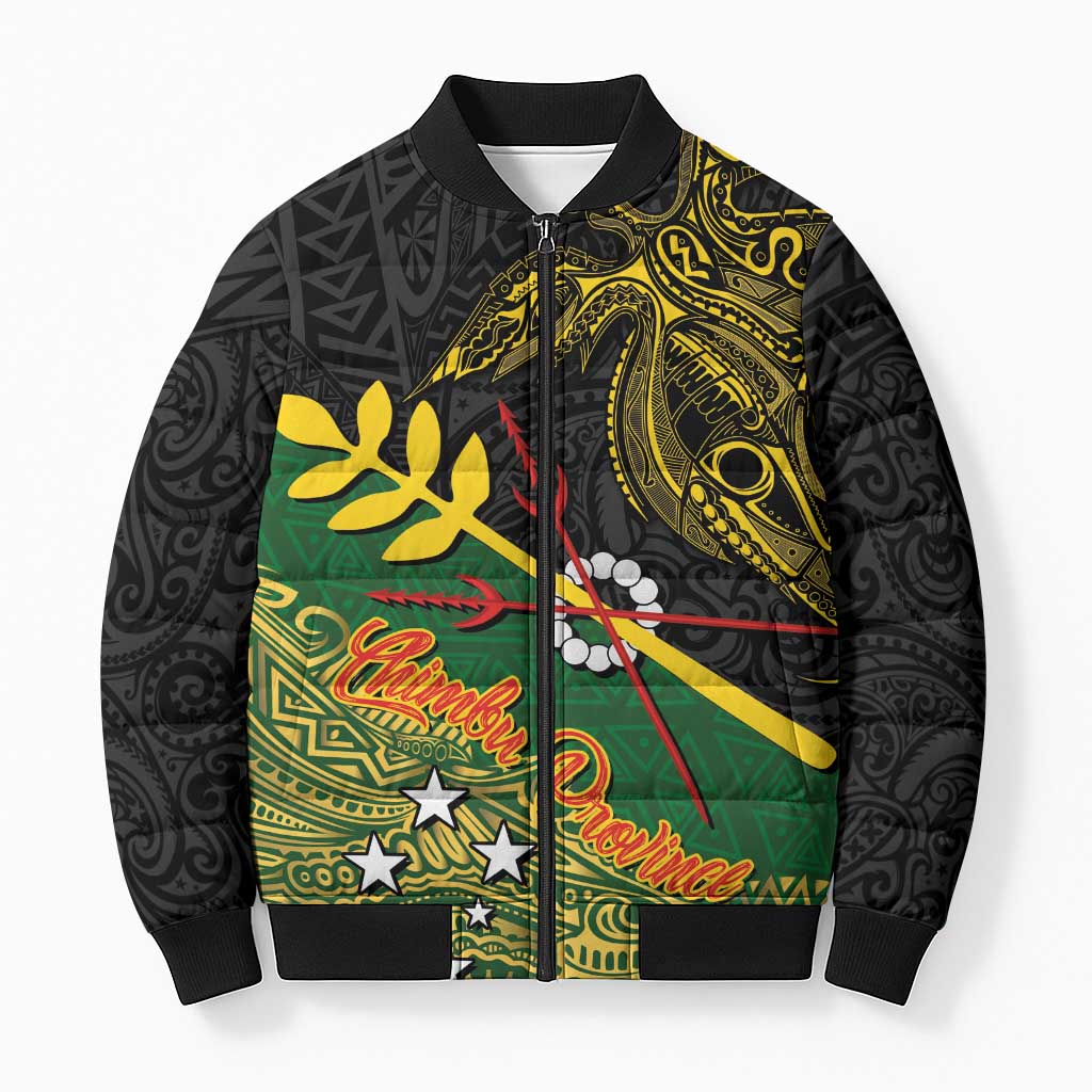 Personalized Chimpu Province Papua New Guinea Bomber Puffer Jacket Bird-of-paradise Art Tattoo and Melanesian Motifs - Polynesian Pride
