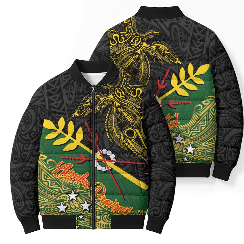 Personalized Chimpu Province Papua New Guinea Bomber Puffer Jacket Bird-of-paradise Art Tattoo and Melanesian Motifs - Polynesian Pride