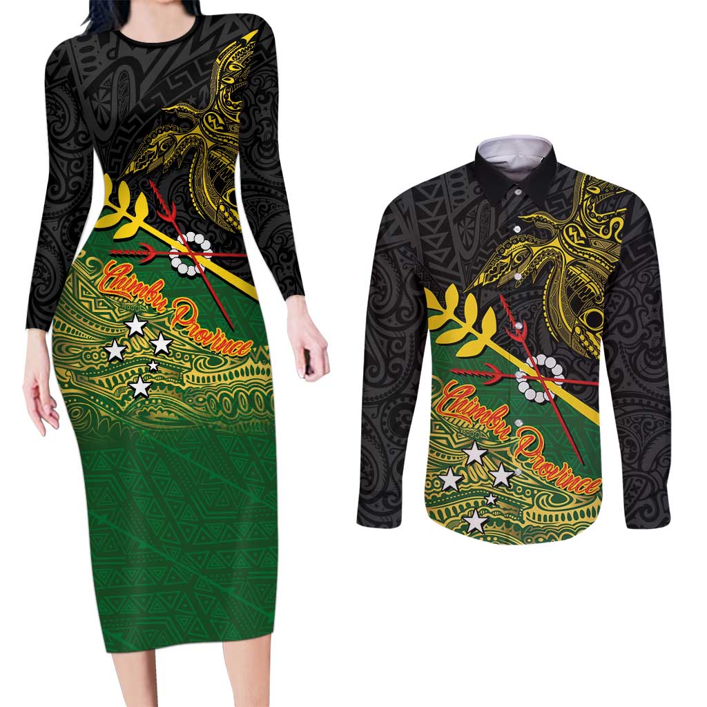 Personalized Chimpu Province Papua New Guinea Couples Matching Long Sleeve Bodycon Dress and Long Sleeve Button Shirt Bird-of-paradise Art Tattoo and Melanesian Motifs LT03 Black - Polynesian Pride