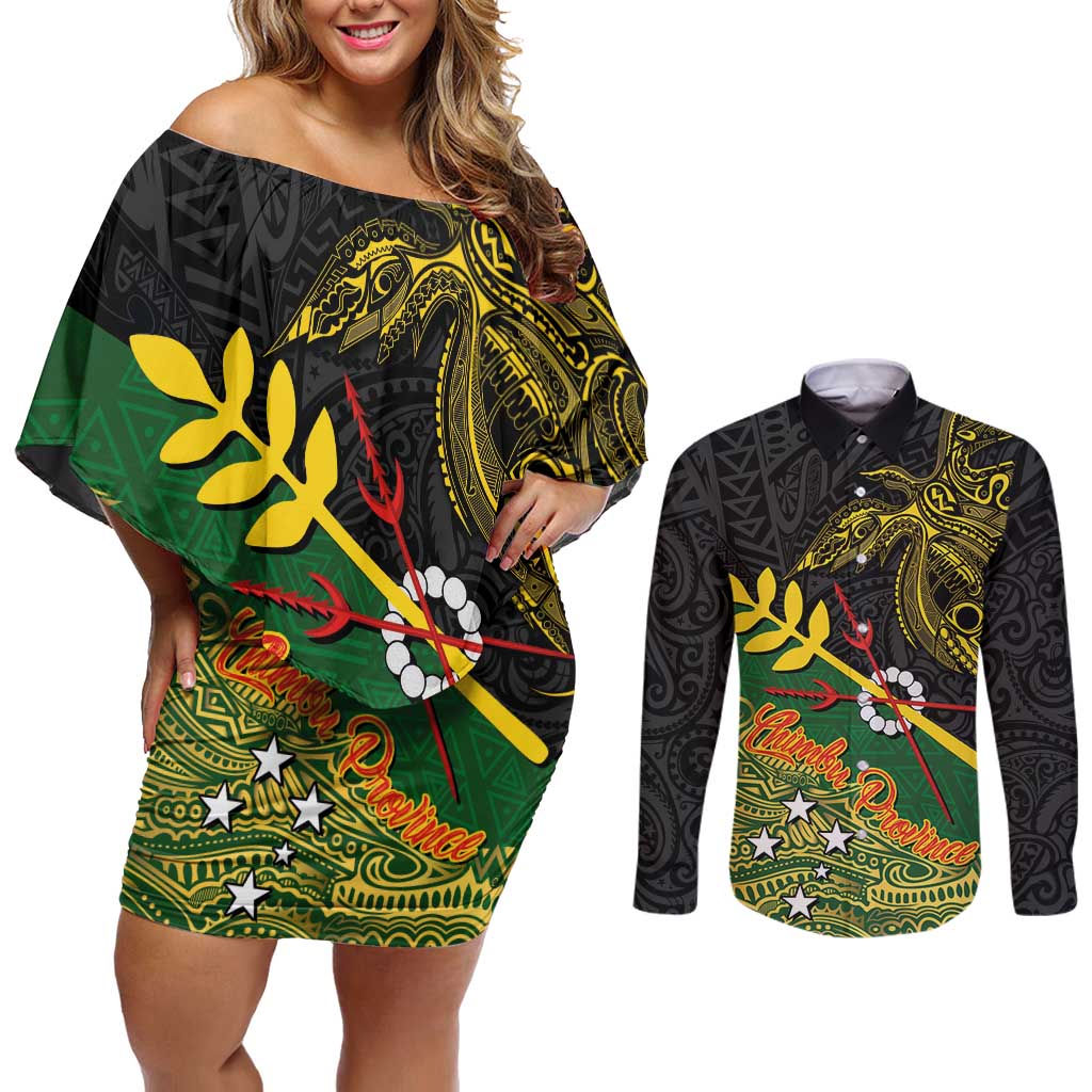 Personalized Chimpu Province Papua New Guinea Couples Matching Off Shoulder Short Dress and Long Sleeve Button Shirt Bird-of-paradise Art Tattoo and Melanesian Motifs LT03 Black - Polynesian Pride