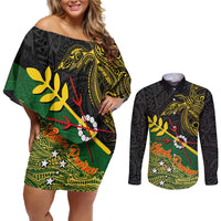 Personalized Chimpu Province Papua New Guinea Couples Matching Off Shoulder Short Dress and Long Sleeve Button Shirt Bird-of-paradise Art Tattoo and Melanesian Motifs LT03 Black - Polynesian Pride