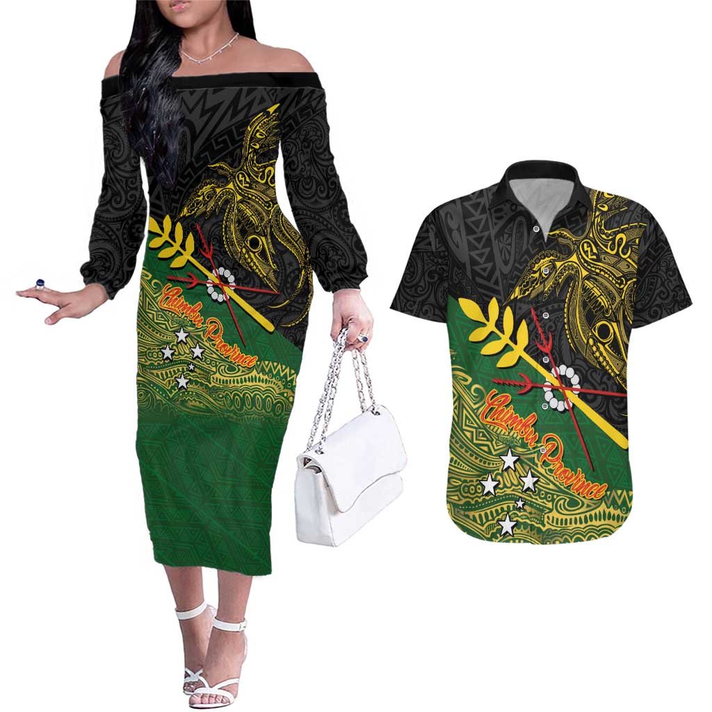 Personalized Chimpu Province Papua New Guinea Couples Matching Off The Shoulder Long Sleeve Dress and Hawaiian Shirt Bird-of-paradise Art Tattoo and Melanesian Motifs - Polynesian Pride