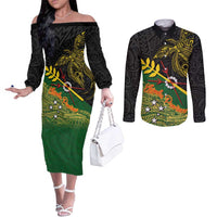 Personalized Chimpu Province Papua New Guinea Couples Matching Off The Shoulder Long Sleeve Dress and Long Sleeve Button Shirt Bird-of-paradise Art Tattoo and Melanesian Motifs LT03 Black - Polynesian Pride