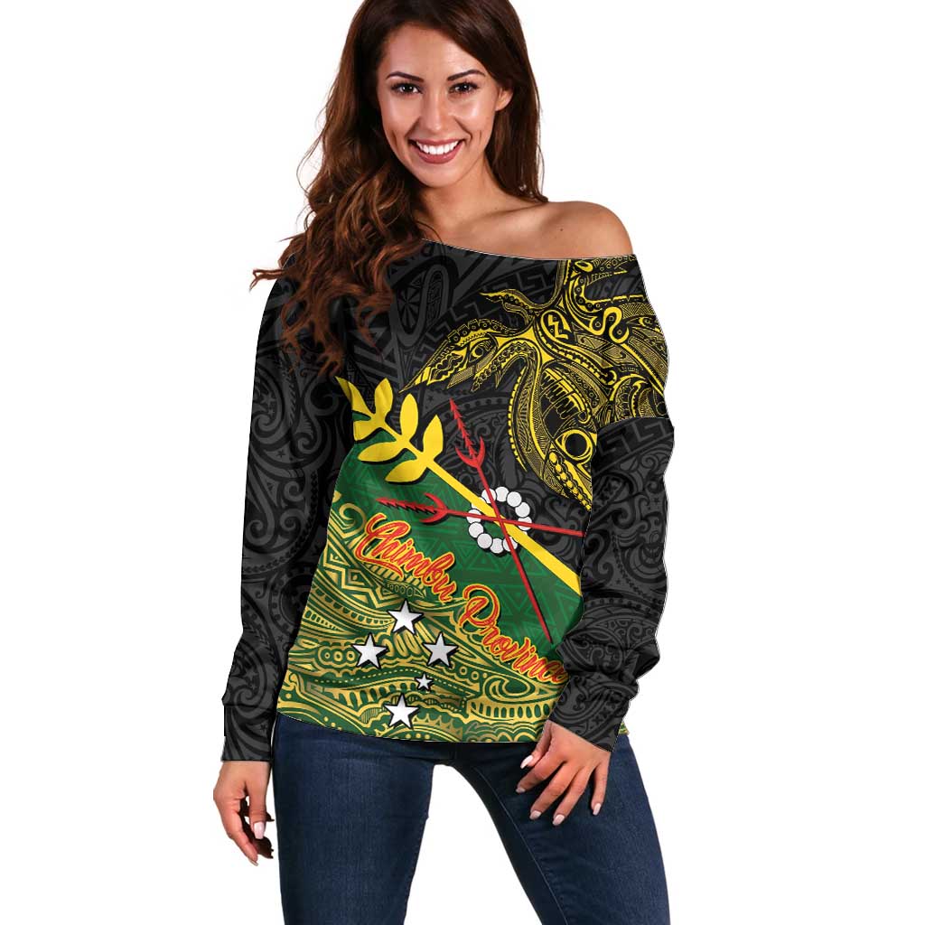 Personalized Chimpu Province Papua New Guinea Off Shoulder Sweater Bird-of-paradise Art Tattoo and Melanesian Motifs LT03 Women Black - Polynesian Pride