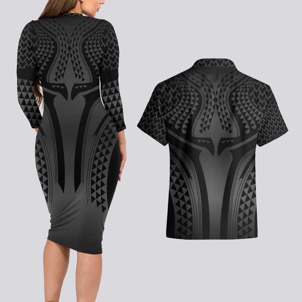 Hawaiian Kakau Art Tattoos Aquaman Style Couples Matching Long Sleeve Bodycon Dress and Hawaiian Shirt Special Edition LT03 - Polynesian Pride