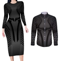 Hawaiian Kakau Art Tattoos Aquaman Style Couples Matching Long Sleeve Bodycon Dress and Long Sleeve Button Shirt Special Edition LT03 Black - Polynesian Pride