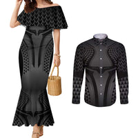 Hawaiian Kakau Art Tattoos Aquaman Style Couples Matching Mermaid Dress and Long Sleeve Button Shirt Special Edition LT03 Black - Polynesian Pride