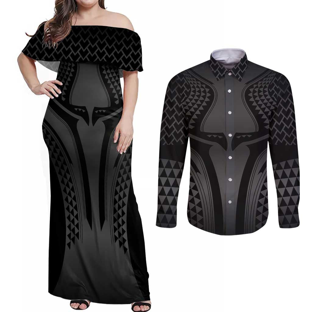 Hawaiian Kakau Art Tattoos Aquaman Style Couples Matching Off Shoulder Maxi Dress and Long Sleeve Button Shirt Special Edition - Polynesian Pride