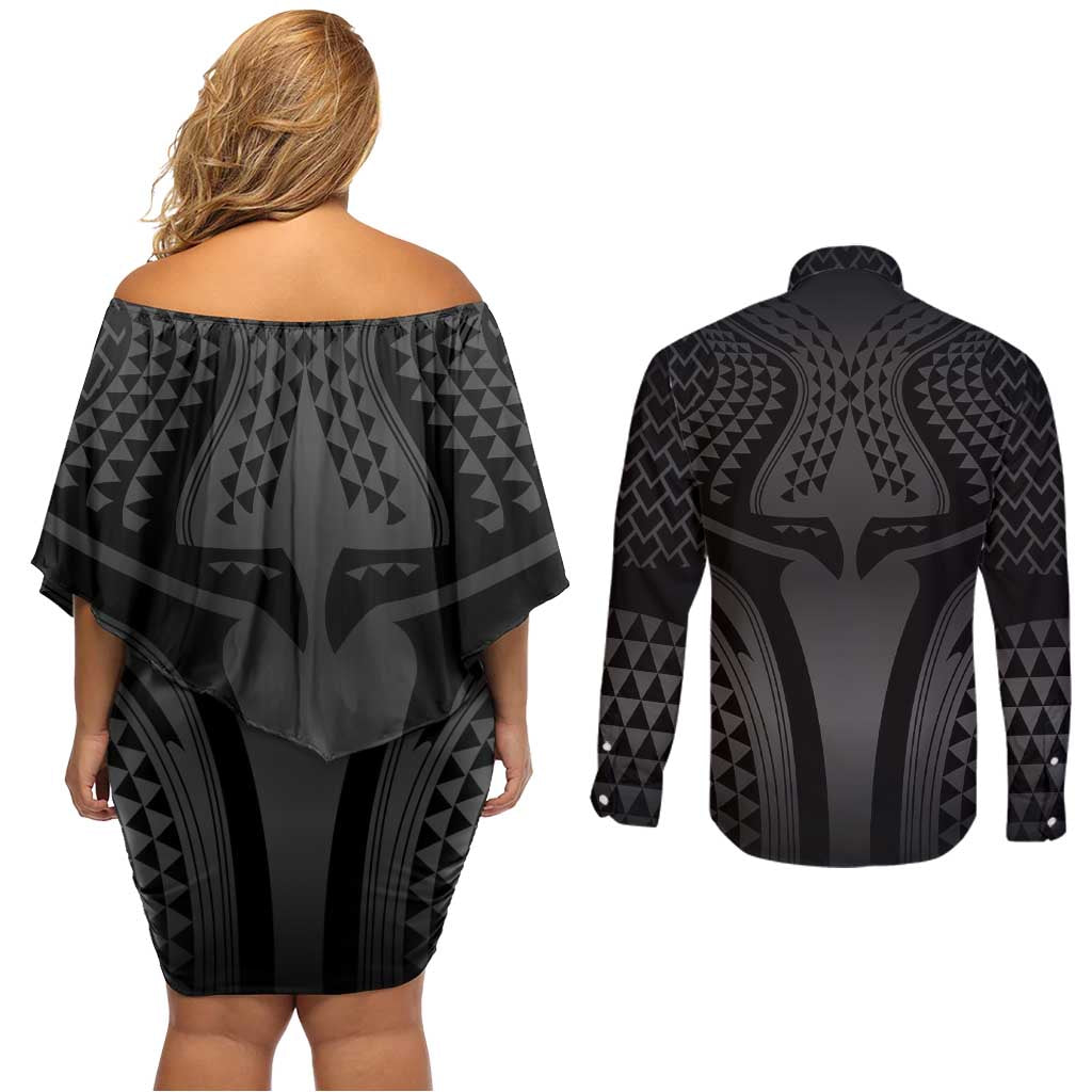 Hawaiian Kakau Art Tattoos Aquaman Style Couples Matching Off Shoulder Short Dress and Long Sleeve Button Shirt Special Edition - Polynesian Pride