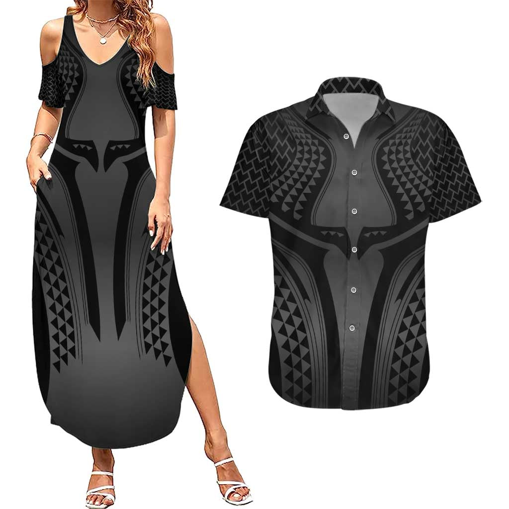 Hawaiian Kakau Art Tattoos Aquaman Style Couples Matching Summer Maxi Dress and Hawaiian Shirt Special Edition LT03 Black - Polynesian Pride