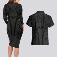 Hawaiian Kakau Art Tattoos Aquaman Style Couples Matching Long Sleeve Bodycon Dress and Hawaiian Shirt Black Version LT03 - Polynesian Pride