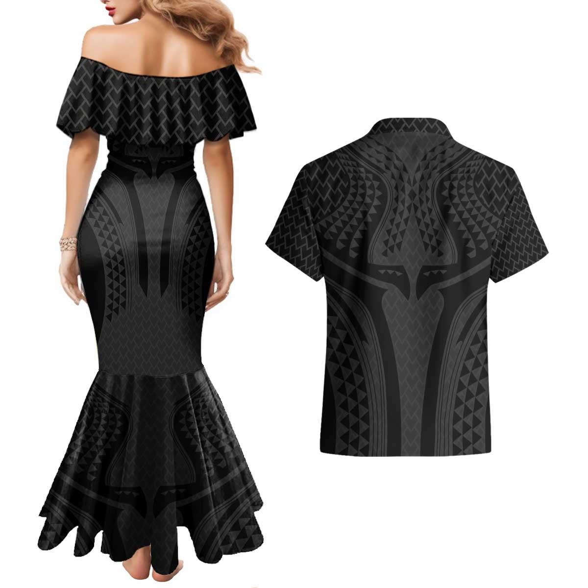 Hawaiian Kakau Art Tattoos Aquaman Style Couples Matching Mermaid Dress and Hawaiian Shirt Black Version LT03 - Polynesian Pride