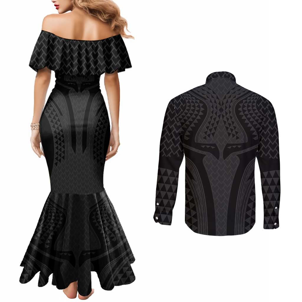 Hawaiian Kakau Art Tattoos Aquaman Style Couples Matching Mermaid Dress and Long Sleeve Button Shirt Black Version - Polynesian Pride