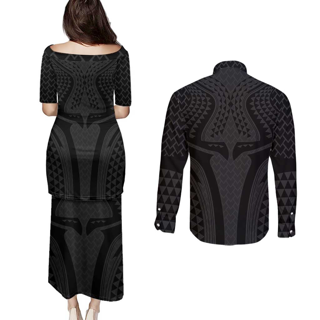 Hawaiian Kakau Art Tattoos Aquaman Style Couples Matching Puletasi and Long Sleeve Button Shirt Black Version - Polynesian Pride