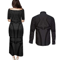 Hawaiian Kakau Art Tattoos Aquaman Style Couples Matching Puletasi and Long Sleeve Button Shirt Black Version - Polynesian Pride
