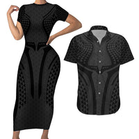 Hawaiian Kakau Art Tattoos Aquaman Style Couples Matching Short Sleeve Bodycon Dress and Hawaiian Shirt Black Version LT03 Black - Polynesian Pride