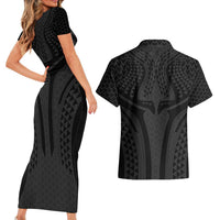 Hawaiian Kakau Art Tattoos Aquaman Style Couples Matching Short Sleeve Bodycon Dress and Hawaiian Shirt Black Version LT03 - Polynesian Pride