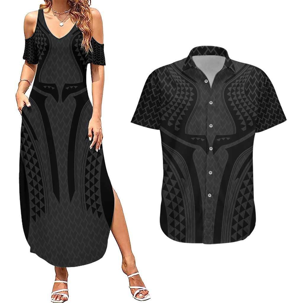 Hawaiian Kakau Art Tattoos Aquaman Style Couples Matching Summer Maxi Dress and Hawaiian Shirt Black Version - Polynesian Pride